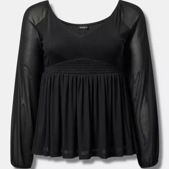 Torrid Deep Black Stretch Mesh V-Neck Smocked Waist Babydoll Top Size 1X - Picture 5 of 15